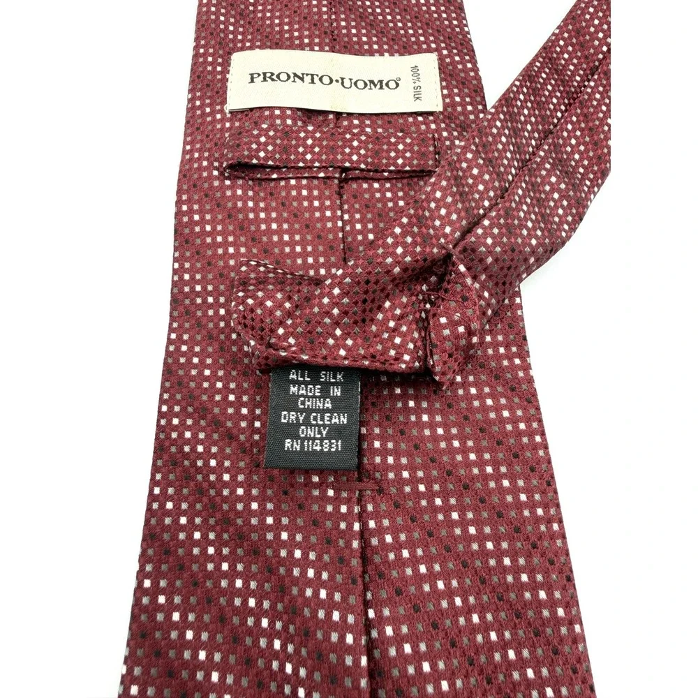 Pronto Uomo Necktie Mens Burgundy Geometric Micro-Square Stripe 100% Silk 58
